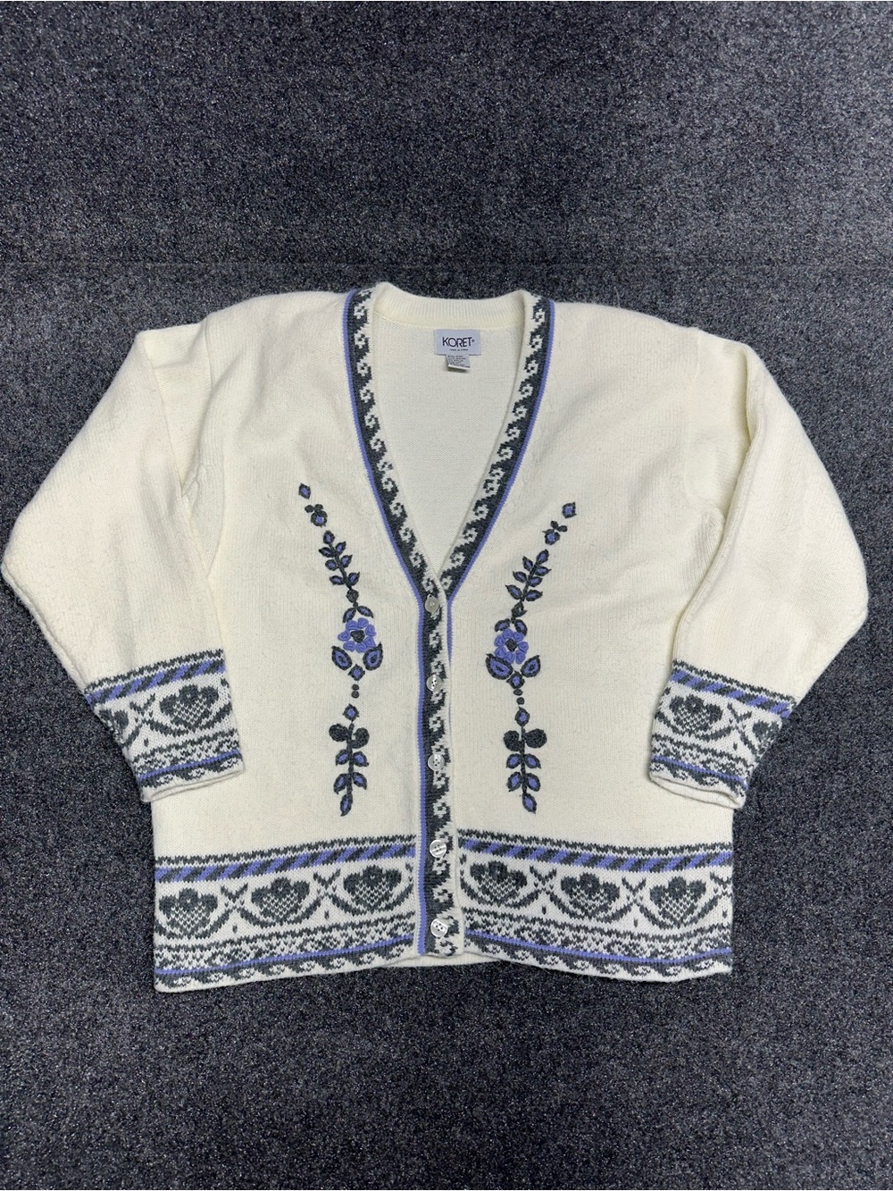 Vintage Koret Fair Isle Cardigan M Cream Embroidered Floral Cottagecore Sweater